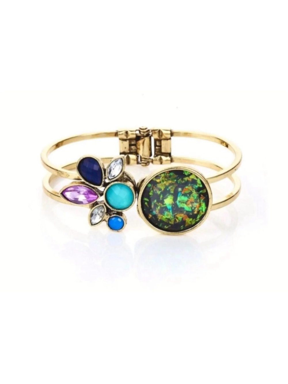 Vintage Antique Gold Hinged Cuff Bracelet Bangle Green Foil Confetti Rhinestone